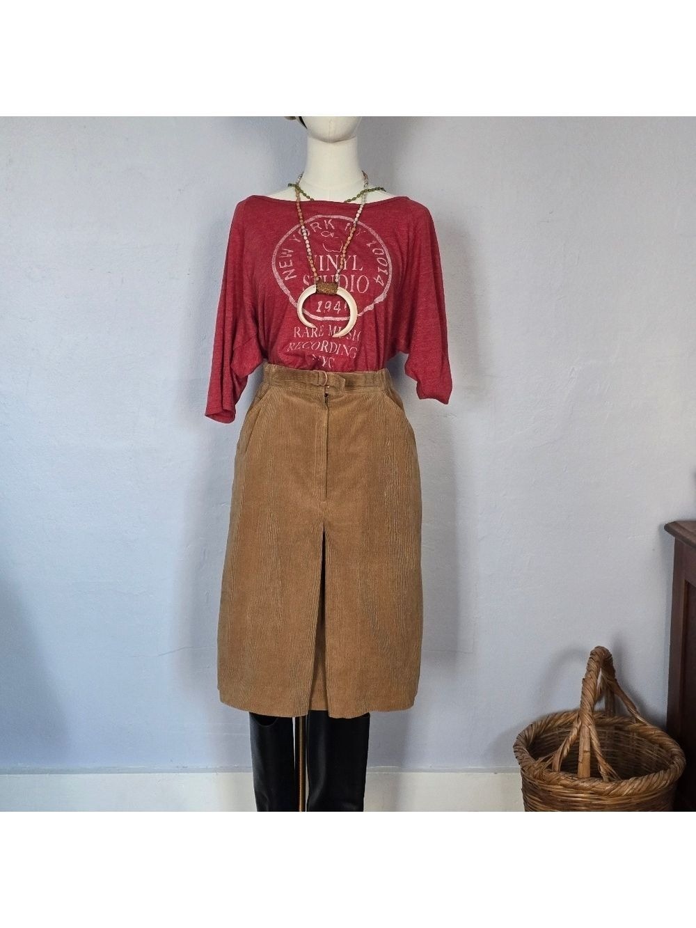 VINTAGE 70s Tan Corduroy A Line Pleat Front Skirt with Pockets